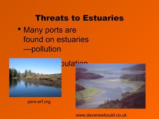 Threats to Estuaries
 Many ports are
found on estuaries
—pollution
 Human population
www.davenewbould.co.uk
pers-erf.org
 