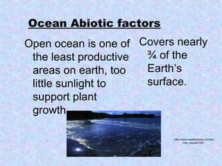 Ocean Abiotic factors
Open ocean is one of
the least productive
areas on earth, too
little sunlight to
support plant
growth
Covers nearly
¾ of the
Earth’s
surface.
http://www.worldbiomes.com/bio
mes_aquatic.htm
 