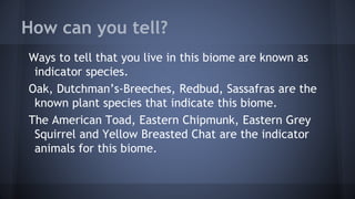 How can you tell?
Ways to tell that you live in this biome are known as
indicator species.
Oak, Dutchman’s-Breeches, Redbud, Sassafras are the
known plant species that indicate this biome.
The American Toad, Eastern Chipmunk, Eastern Grey
Squirrel and Yellow Breasted Chat are the indicator
animals for this biome.

 