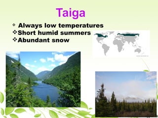  Always low temperatures
Short humid summers
Abundant snow
 