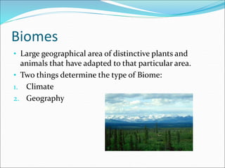 Biomes
• Large geographical area of distinctive plants and
animals that have adapted to that particular area.
• Two things determine the type of Biome:
1. Climate
2. Geography
 