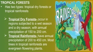 TROPICAL FORESTS
• Has two types: tropical dry forests or
tropical rainforests
 Tropical Dry Forests- occur in
regions subjected to a wet season
and a dry season, with annual
precipitation of 150 to 200 cm.
 Tropical Rainforests- have annual
precipitation of 200 to 450 cm. Most
trees in tropical rainforests are
evergreen flowering plants.
 