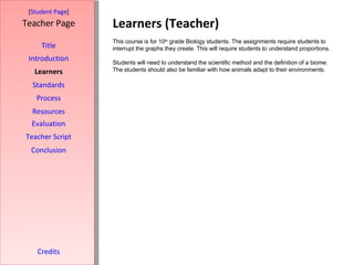Learners (Teacher) [ Student Page ] Title Introduction Learners Standards Process Resources Credits Teacher Page This course is for 10 th  grade Biology students. The assignments require students to interrupt the graphs they create. This will require students to understand proportions. Students will need to understand the scientific method and the definition of a biome. The students should also be familiar with how animals adapt to their environments. Evaluation Teacher Script Conclusion 