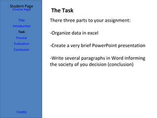 The Task Student Page Introduction Task Process Evaluation Conclusion Credits [ Teacher Page ] There three parts to your assignment: -Organize data in excel -Create a very brief PowerPoint presentation -Write several paragraphs in Word informing the society of you decision (conclusion) Title 