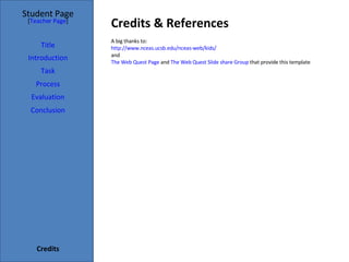 Credits & References Student Page Title Introduction Task Process Evaluation Conclusion Credits [ Teacher Page ] A big thanks to: http://www.nceas.ucsb.edu/nceas-web/kids/ and The Web Quest Page  and  The Web Quest Slide share Group  that provide this template 