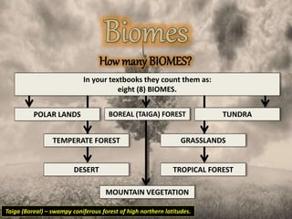 How many BIOMES?
In your textbooks they count them as:
eight (8) BIOMES.
POLAR LANDS TUNDRA
TEMPERATE FOREST
DESERT
GRASSLANDS
BOREAL (TAIGA) FOREST
MOUNTAIN VEGETATION
TROPICAL FOREST
Taiga (Boreal) – swampy coniferous forest of high northern latitudes.
 