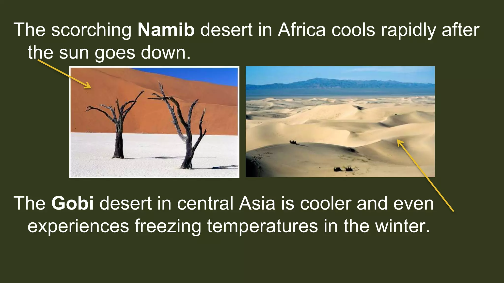 The scorching Namib desert in Africa cools rapidly after
the sun goes down.
The Gobi desert in central Asia is cooler and even
experiences freezing temperatures in the winter.
 