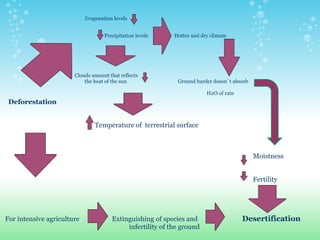                                                                     E vaporation levels                           Precipitation levels                     Hotter and dry climate                                                                                                                                                                                                                                                                                                           Clouds amount that reflects                                                                    the heat of the sun                                         Ground harder doesn`t absorb                                                                                                                                                                                                                                                                                                                                                                                            H2O of rain                                    Deforestation                                                                                                                    Temperature of  terrestrial surface                                                                                                                                                                                                                                                                                                                                                                                                                                                                                                             Moistness                                                                                                                                                                                                                                                                                                                                                                                                                                                                                                             Fertility                                                                                                                                                                                              For intensive agriculture                      Extinguishing of species and                            Desertification                                                                                 infertility of the ground           
