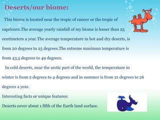    Deserts/our biome:    This biome is located near the tropic of cancer or the tropic of       capricorn.The average yearly rainfall of my biome is lesser than 25    centimeters a year.The average temperature in hot and dry deserts, is    from 20 degrees to 25 degrees.The extreme maximun temperature is    from 43,5 degrees to 49 degrees.       In cold deserts, near the arctic part of the world, the temperature in    winter is from 2 degrees to 4 degrees and in summer is from 21 degrees to 26    degrees a year.   Interesting facts or unique features:                                                                                                          Deserts cover about 1 fifth of the Earth land surface. 
