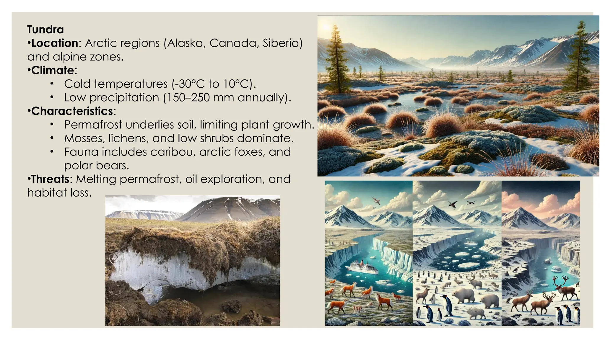 D
r
.
V
i
v
i
d
h
a
R
a
u
n
e
k
a
r
Tundra
•Location: Arctic regions (Alaska, Canada, Siberia)
and alpine zones.
•Climate:
• Cold temperatures (-30°C to 10°C).
• Low precipitation (150–250 mm annually).
•Characteristics:
• Permafrost underlies soil, limiting plant growth.
• Mosses, lichens, and low shrubs dominate.
• Fauna includes caribou, arctic foxes, and
polar bears.
•Threats: Melting permafrost, oil exploration, and
habitat loss.
 