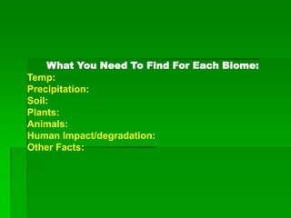 What You Need To Find For Each Biome:
Temp:
Precipitation:
Soil:
Plants:
Animals:
Human Impact/degradation:
Other Facts:
 