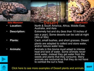 Gila Monster

•

Location:

•

Description:

•

Plants:

•

Animals:

Sidewinder

North & South America, Africa, Middle East,
Australia, and Asia
Extremely hot and dry (less than 10 inches of
rain a year). Some deserts can be cold at night
(40s or 50s)
Cacti, small bushes, and short grasses. Desert
plants are adapted to collect and store water,
and/or reduce water loss.
Animals in this biome must adapt to intense
heat and lack of water. Some animals never
drink water, instead they get water from the
seeds and plants that they consume. Many
animals are nocturnal so that they do not have
to combat the sun’s heat.

Click here to see more examples of Desert plants and animals

EXIT

 