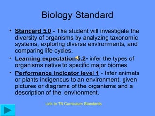 Biology Standard
• Standard 5.0 - The student will investigate the
diversity of organisms by analyzing taxonomic
systems, exploring diverse environments, and
comparing life cycles.
• Learning expectation 5.2- infer the types of
organisms native to specific major biomes
• Performance indicator level 1 - Infer animals
or plants indigenous to an environment, given
pictures or diagrams of the organisms and a
description of the environment.
Link to TN Curriculum Standards

 