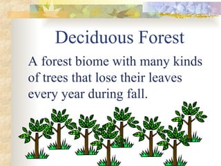 Deciduous Forest
A forest biome with many kinds
of trees that lose their leaves
every year during fall.
 