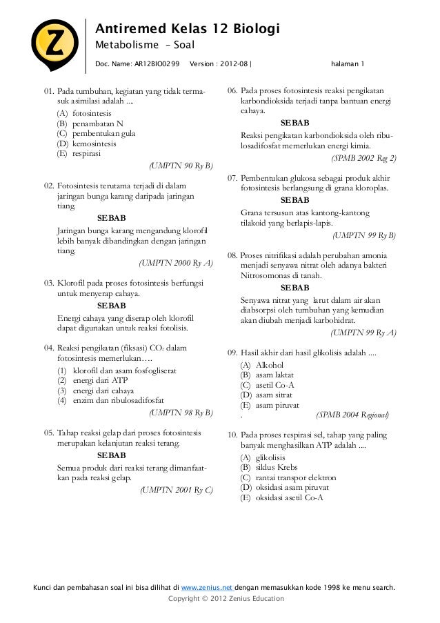 Contoh Soal Dan Pembahasan Metabolisme Kelas 12 Soal Kelasmu