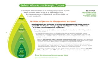 100%dugazconsommépourraitêtreremplacépardugazvert.
10
Si en France la filière biométhane est en pleine expansion, cela fait plusieurs
années qu’ailleurs dans le monde, et en particulier en Europe,
des projets de production et d’injection de biométhane ont été mis
en place avec succès.
Biométhane et territoiresLe biométhane, une énergie d’avenir
De belles perspectives de développement en France
Nombreux sont les pays qui ont misé sur la production de biométhane. On compte aujourd’hui
plus de 200 sites d’injection en Europe, la grande majorité d’entre eux située en Allemagne
et en Suède. Leur nombre augmente constamment.
En France, plusieurs sites injectent déjà avec succès : Lille Sequedin, Morsbach, Chaumes-en-Brie, Mortagne-sur-Sèvre,
Sourdun, Ussy-sur-Marne...
Une dynamique encourageante lorsque l’on connaît le caractère récent des dispositions réglementaires. L’injection
de biométhane est autorisée dans les réseaux depuis 2003, mais le véritable signal de départ n’a été donné qu’en 2008
avec l’avis favorable de l’ANSES, en 2009 avec le Grenelle de l’environnement et fin 2011 avec la publication des tarifs
d’achat du biométhane.
Aujourd’hui, des centaines de projets d’injection de biométhane sont à l’étude. Cette tendance devrait se poursuivre
dans les années à venir, grâce à l’impulsion donnée par les pouvoirs publics au travers du Plan National d’Action en faveur
des énergies renouvelables (PNAER) et du Plan énergie Méthanisation Autonomie Azote (PEMAA).
Les développements en cours de nouveaux procédés de production de biométhane laissent également présager de
belles perspectives quant à la part de biométhane qui pourra être injectée dans le réseau de gaz naturel. Bois, algues et
hydrogène seront autant de ressources qui, demain, permettront de produire du biométhane.
Le biométhane est une énergie d’avenir : en 2030, selon les prévisions de l’Ademe, on pourrait dénombrer entre 500 et
1 400 sites d’injection. Jusqu’à 30 TWh de biométhane pourraient alors circuler dans les réseaux de gaz naturel.
2014
Déchets
Boues
de stations
d’épuration
Méthanisation :
210 TWh*
2020
Bois
Gazéification :
280 TWh*
2030
Microalgues
Méthanisation :
25 TWh*
2050
Hydrogène
vert
électrolyse et
méthanation : 35 TWh*
étude des gisements techniques par filière
3 questions à...
Olivier Théobald,
Ingénieur au service
Mobilisation et Valorisation
des Déchets de l’ADEME
* Potentiel total de la filière, si elle était développée jusqu’à utilisation
intégrale du gisement.
 