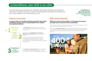 12
Aux côtés des porteurs de projets, des collectivités, des bureaux d’études, des associations,
GrDF met son expertise technique au service du développement de la filière biométhane pour
que chaque expérience soit une réussite pour tous.
De plus en plus de projets actifsLe biométhane, avec GrDF à vos côtés
Chacun à son poste
La mise en place d’un projet biométhane nécessite l’intervention
de différents acteurs, dont les responsabilités et les relations
sont clairement définies.
Le producteur de biométhane assure la collecte
des intrants, la méthanisation, l’épuration et la compression
du biométhane.
GrDF, en tant que gestionnaire du réseau de
distribution de gaz naturel, étudie la faisabilité de
l’injection.
Il construit le raccordement du site de production
au réseau de gaz naturel, puis assure l’injection
du biométhane dans le réseau et enfin, garantit
son acheminement vers les clients particuliers, industriels
et collectivités.
Un fournisseur de gaz naturel achète le biométhane
au producteur à un tarif garanti pendant 15 ans et
le vend aux utilisateurs finaux (particuliers, entreprises...).
GrDF avant l’injection
GrDF est un acteur clé de la filière, il accompagne les porteurs
de projets dès le lancement de leurs démarches.
GrDF oriente les porteurs de projets vers les zones où le biométhane produit pourra être
injecté et s’assure de la proximité du site au réseau.
GrDF réalise des études techniques (études de faisabilité, détaillées, de dimensionnement),
qui permettront de vérifier que les consommations de gaz naturel sur la zone d’injection
sont en adéquation avec les quantités de biométhane que le producteur prévoit
d’injecter.
400
projets en cours d’étude 		
				 par GrDF.
				
Producteur
Production
épuration
GrDF
études,
raccordement,
injection,
acheminement
Fournisseur
Achat
du biométhane
au producteur
1
3
2
3 questions à...
Mauritz Quaak,
Agriculteur et exploitant du site
Bioénergie de la Brie
(Ferme d’Arcy)
Près de
 