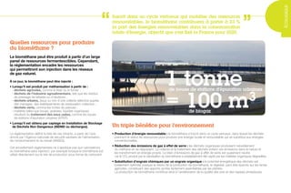 Un triple bénéfice pour l’environnement
• Production d’énergie renouvelable : le biométhane s’inscrit dans un cycle vertueux, dans lequel les déchets
prennent le statut de ressources pour produire une énergie locale et renouvelable qui se substitue aux énergies
conventionnelles.
• Réduction des émissions de gaz à effet de serre : les déchets organiques produisent naturellement
du méthane en se dégradant. La collecte et le traitement des déchets évitent ces émissions dans la nature et
les transforment en énergie propre. Le bilan d’émissions de gaz à effet de serre est quasiment neutre
car le CO2 produit par la valorisation du biométhane a préalablement été capté par les matières organiques dégradées.
• Substitution d’engrais chimiques par un engrais organique : le potentiel énergétique des déchets est
totalement optimisé puisque le résidu de la production de biométhane, le digestat, peut être épandu sur les terres
agricoles, constituant des apports azotés facilement assimilables par les plantes.
La production de biométhane contribue ainsi à l’amélioration de la qualité des sols et des nappes phréatiques.
Quelles ressources pour produire
du biométhane ?
Le biométhane peut être produit à partir d’un large
panel de ressources fermentescibles. Cependant,
la réglementation encadre les ressources
qui permettront son injection dans les réseaux
de gaz naturel.
à ce jour, le biométhane peut être injecté :
• Lorsqu’il est produit par méthanisation à partir de :
· déchets agricoles, comme le lisier ou le fumier ;
· déchets de l’industrie agroalimentaire, tels que les résidus
de pressage de laiteries ou d’abattoirs ;
· déchets urbains, issus ou non d’une collecte sélective auprès
des ménages, des établissements de restauration collective ;
· déchets verts, comme les tontes de pelouse ;
· matières telles que boues, graisses, liquides organiques
résultant du traitement des eaux usées, comme les boues
de stations d’épuration urbaines (STEP).
• Lorsqu’il est obtenu par captage en Installation de Stockage
de Déchets Non Dangereux (ISDND ou décharges).
La réglementation définit la liste de ces intrants, à partir de l’avis
donné par l’Agence nationale de sécurité sanitaire de l’alimentation,
de l’environnement et du travail (ANSES).
Cet encadrement réglementaire ne s’applique pas aux valorisations
du biométhane sans injection, par exemple lorsque le biométhane est
utilisé directement sur le site de production sous forme de carburant.
Inscrit dans un cycle vertueux qui mobilise des ressources
renouvelables, le biométhane contribuera à porter à 23 %
la part des énergies renouvelables dans la consommation
totale d’énergie, objectif que s’est fixé la France pour 2020.
“
1 tonnede boues de stations d’épuration urbaines 	
	
= 100 m3
	 de biogaz
”
écologique
 