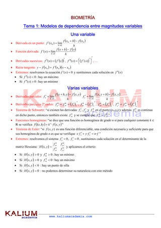  
www.kaliumacademia.com
BIOMETRÍA
Tema 1: Modelos de dependencia entre magnitudes variables
Una variable
 Derivada en un punto:
   
h
xfhxf
xf
h
00
0
0 lim)(



 Función derivada:
   
h
xfhxf
xf
h


0
lim)(
 Derivadas sucesivas:    xfxf )( ,  





  )()( xfxf , …
 Recta tangente:      000 · xxxfxfy 
 Extremos: resolvemos la ecuación 0)(  xf y sustituimos cada solución en )(xf 
 Si 0)(  xf : hay un máximo
 Si 0)(  xf : hay un mínimo
Varias variables
 Derivadas parciales: 
   
h
yxfyhxf
f
h
x
,,
lim
0



 
   
h
yxfhyxf
f
h
y
,,
lim
0



 Derivadas parciales 2º orden:    xxxxx
fff 2 ,    yxxy ff ,    xyyx ff ,    yyyyy
fff 2
 Teorema de Schwartz: “si existen las derivadas xf , yf  y xyf  en el punto (x0,y0) y además xyf  es continua
en dicho punto, entonces también existe yxf  y se cumple que yxxy ff  ”
 Funciones homogéneas: “se dice que una función es homogénea de grado n si para cualquier constante k œ
 se verifica    yxfkkykxf n
,·,  ”
 Teorema de Euler: “si ),( yxf es una función diferenciable, una condición necesaria y suficiente para que
sea homogénea de grado n es que se verifique fnfyfx yx ···  ”
 Extremos: resolvemos el sistema 0xf , 0yf , sustituimos cada solución en el determinante de la
matriz Hessiana:  
yyyx
xyxx
ff
ff
yxH


, y aplicamos el criterio:
 Si   0, yxH y 0xxf : hay un mínimo
 Si   0, yxH y 0xxf : hay un máximo
 Si   0, yxH : hay un punto de silla
 Si   0, yxH : no podemos determinar su naturaleza con este método
 