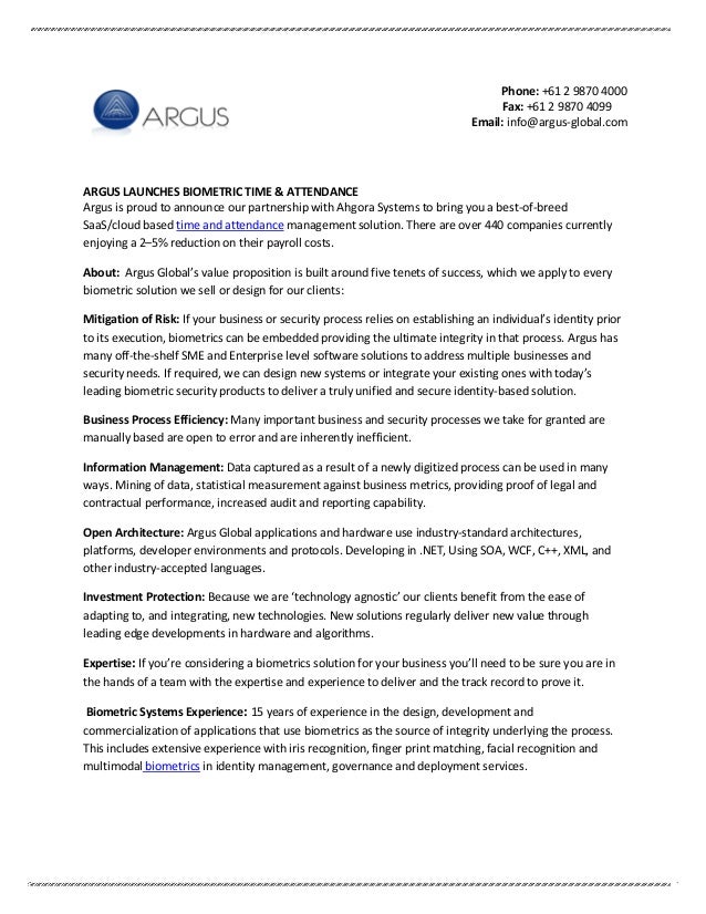 Biometrics, risk management, time & attendance Argus Global