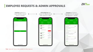 EMPLOYEE REQUESTS & ADMIN APPROVALS
Employee applies for a
leave, overtime, manual
punch, or training
Admin/Approver will
receive the request and will
either approve or reject
Employee will receive a
notification if his/her request
was approved or rejected
*Note: “Approvals” menu is only available for Admin/Approver.
 
