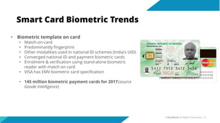 Smart Card Biometric Trends
• Biometric template on card
• Match-on-card
• Predominantly fingerprint
• Other modalities used in national ID schemes (India’s UID)
• Converged national ID and payment biometric cards
• Enrolment & verification using stand-alone biometric
reader with match on card
• VISA has EMV biometric card specification
• 145 million biometric payment cards for 2017(source
Goode Intelligence)
©Veridium All Rights Reserved 13
 