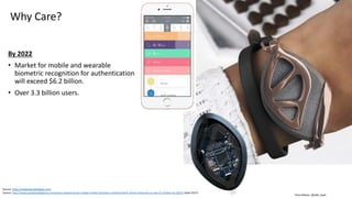 Clare Nelson, @Safe_SaaS
Why Care?
By 2022
• Market for mobile and wearable
biometric recognition for authentication
will exceed $6.2 billion.
• Over 3.3 billion users.
Source: https://webshop.bellabeat.com/
Source: http://www.goodeintelligence.com/press-releases/multi-modal-mobile-biometric-authentication-drives-revenues-to-over-6-2-billion-by-2022/ (April 2017)
 