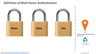 Clare Nelson, @Safe_SaaS
Source: http://nvlpubs.nist.gov/nistpubs/SpecialPublications/NIST.SP.800-63-2.pdf
Source: https://www.securetechalliance.org/publications-mobile-identity-authentication/
Know Have Are
Definition of Multi-Factor Authentication
Mobile Identity Authentication
March 27, 2017
 