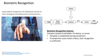 Clare Nelson, @Safe_SaaS
Biometric Recognition
Automated recognition of individuals based on
their biological and behavioral characteristics.
Source: http://biometrics.derawi.com/?page_id=101
Source: http://searchsecurity.techtarget.com/definition/biometric-authentication
Graphic: http://www.aspire-security.eu/access-control.html
Biometric Recognition Systems
Compare sample to template. On device, or server.
• Template is established during enrollment.
• If comparison score meets criteria, then recognition
is confirmed.
 