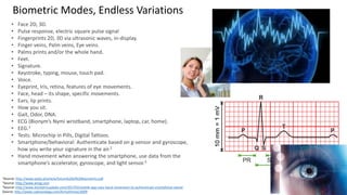 Clare Nelson, @Safe_SaaS
Biometric Modes, Endless Variations
• Face 2D, 3D.
• Pulse response, electric square pulse signal
• Fingerprints 2D, 3D via ultrasonic waves, in-display.
• Finger veins, Palm veins, Eye veins.
• Palms prints and/or the whole hand.
• Feet.
• Signature.
• Keystroke, typing, mouse, touch pad.
• Voice.
• Eyeprint, Iris, retina, features of eye movements.
• Face, head – its shape, specific movements.
• Ears, lip prints.
• How you sit.
• Gait, Odor, DNA.
• ECG (Bionym’s Nymi wristband, smartphone, laptop, car, home).
• EEG.1
• Tests: Microchip in Pills, Digital Tattoos.
• Smartphone/behavioral: Authenticate based on g-sensor and gyroscope,
how you write your signature in the air.2
• Hand movement when answering the smartphone, use data from the
smartphone’s accelerator, gyroscope, and light sensor.3
1Source: http://www.optel.pl/article/future%20of%20biometrics.pdf
2Source: http://www.airsig.com
3Source: http://www.biometricupdate.com/201703/mobile-app-uses-hand-movement-to-authenticate-smartphone-owner
Source: http://www.cvphysiology.com/Arrhythmias/A009
 