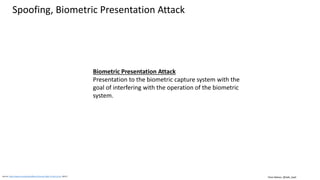 Clare Nelson, @Safe_SaaS
Spoofing
The ability to fool a biometric system
into recognizing an illegitimate user as
a genuine one by means of presenting
a synthetic or forged version of the
original biometric trait to the sensor.
Source: http://ieeexplore.ieee.org/stamp/stamp.jsp?arnumber=6990726
Source: http://berlin.ccc.de/~starbug/talks/0611-pacsec-hacking_fingerprint_recognition_systems.pdf
Source: https://www.slideshare.net/SBAResearch/31c3-in20min
 