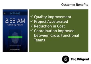 Customer Benefits 
Quality Improvement 
Project Accelerated 
Reduction in Cost 
Coordination Improved between Cross Functional Teams  