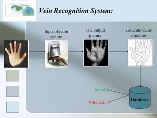 Vein Recognition System:

 Input of palm   The output   Generate veins
    picture       picture       structure




                     Match

                                 Database
                  Not match
 