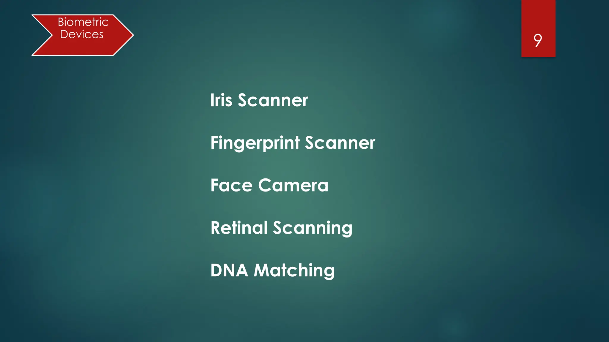 9
Iris Scanner
Fingerprint Scanner
Face Camera
Retinal Scanning
DNA Matching
Biometric
Devices
 