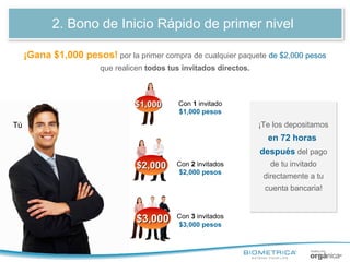 2. Bono de Inicio Rápido de primer nivel
¡Gana $1,000 pesos! por la primer compra de cualquier paquete de $2,000 pesos
que realicen todos tus invitados directos.

$1,000

Con 1 invitado
$1,000 pesos

¡Te los depositamos

Tú

en 72 horas
después del pago

$2,000

Con 2 invitados
$2,000 pesos

de tu invitado
directamente a tu
cuenta bancaria!

$3,000

Con 3 invitados
$3,000 pesos

 