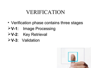 VERIFICATION
• Verification phase contains three stages
V-1: Image Processing
V-2: Key Retrieval
V-3: Validation
 