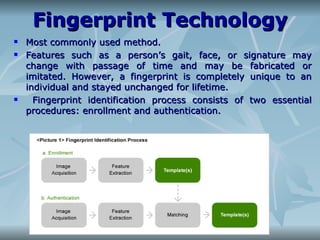Fingerprint Technology Most commonly used method. Features such as a person’s gait, face, or signature may change with passage of time and may be fabricated or imitated. However, a fingerprint is completely unique to an individual and stayed unchanged for lifetime. Fingerprint identification process consists of two essential procedures: enrollment and authentication.  