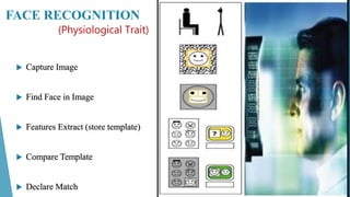 FACE RECOGNITION
(Physiological Trait)
 Capture Image
 Find Face in Image
 Features Extract (store template)
 Compare Template
 Declare Match
 