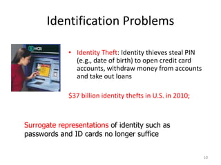 Identification Problems
• Identity Theft: Identity thieves steal PIN
(e.g., date of birth) to open credit card
accounts, withdraw money from accounts
and take out loans
$37 billion identity thefts in U.S. in 2010;
10
Surrogate representations of identity such as
passwords and ID cards no longer suffice
 