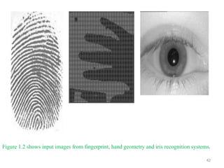 42
Figure 1.2 shows input images from fingerprint, hand geometry and iris recognition systems.
 