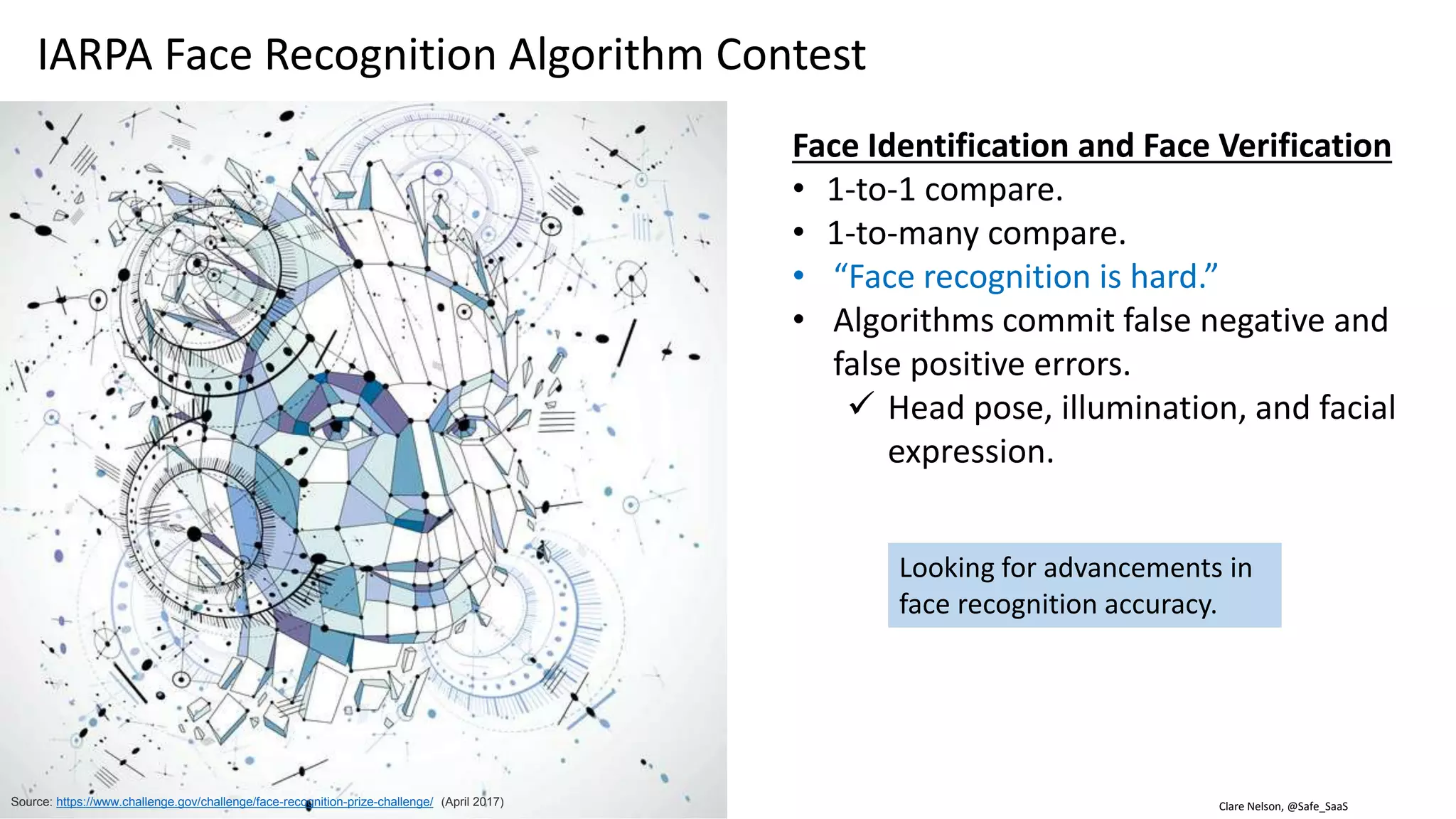 Clare Nelson, @Safe_SaaS
Face Recognition Algorithm Evaluation
Source: https://www.nist.gov/programs-projects/face-recognition-vendor-test-frvt-ongoing
Source: http://www.planetbiometrics.com/article-details/i/5406/desc/nist-to-hold-new-round-of-face-recognition-algorithm-evaluation/
Face Recognition Algorithm Evaluation
• Includes verification of:
 Visa images.
 De-duplication of passports.
 Recognition across photojournalism
images.
 Identification of child exploitation victims.
• Part of the Face Recognition Vendor Test
(FRVT).
• Results will be posted to the NIST website.
 