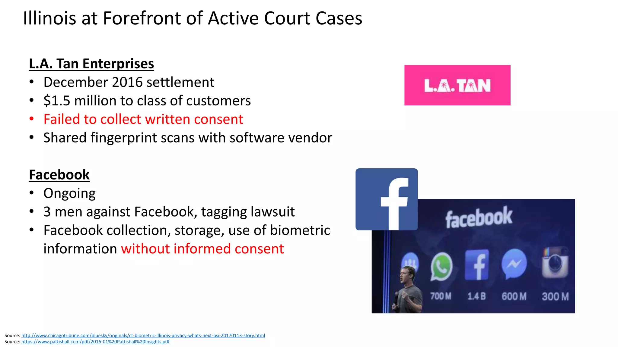 Source: https://www.law360.com/technology/articles/923703/kroger-unit-sued-over-alleged-storage-of-worker-fingerprints?nl_pk=65afb77a-0e17-49b2-b31e-5e6346836849&utm_source=newsletter&utm_medium=email&utm_campaign=technology (May 2017)
Source: http://www.thenewstribune.com/news/business/article150218582.html
Source: http://www.americanbar.org/publications/blt/2016/05/08_claypoole.html
No Consent
An Illinois and Wisconsin supermarket
chain owned by Kroger
• Class action
• Stored employee fingerprint
information without consent
Illinois: Storage Of Employee Fingerprints
 