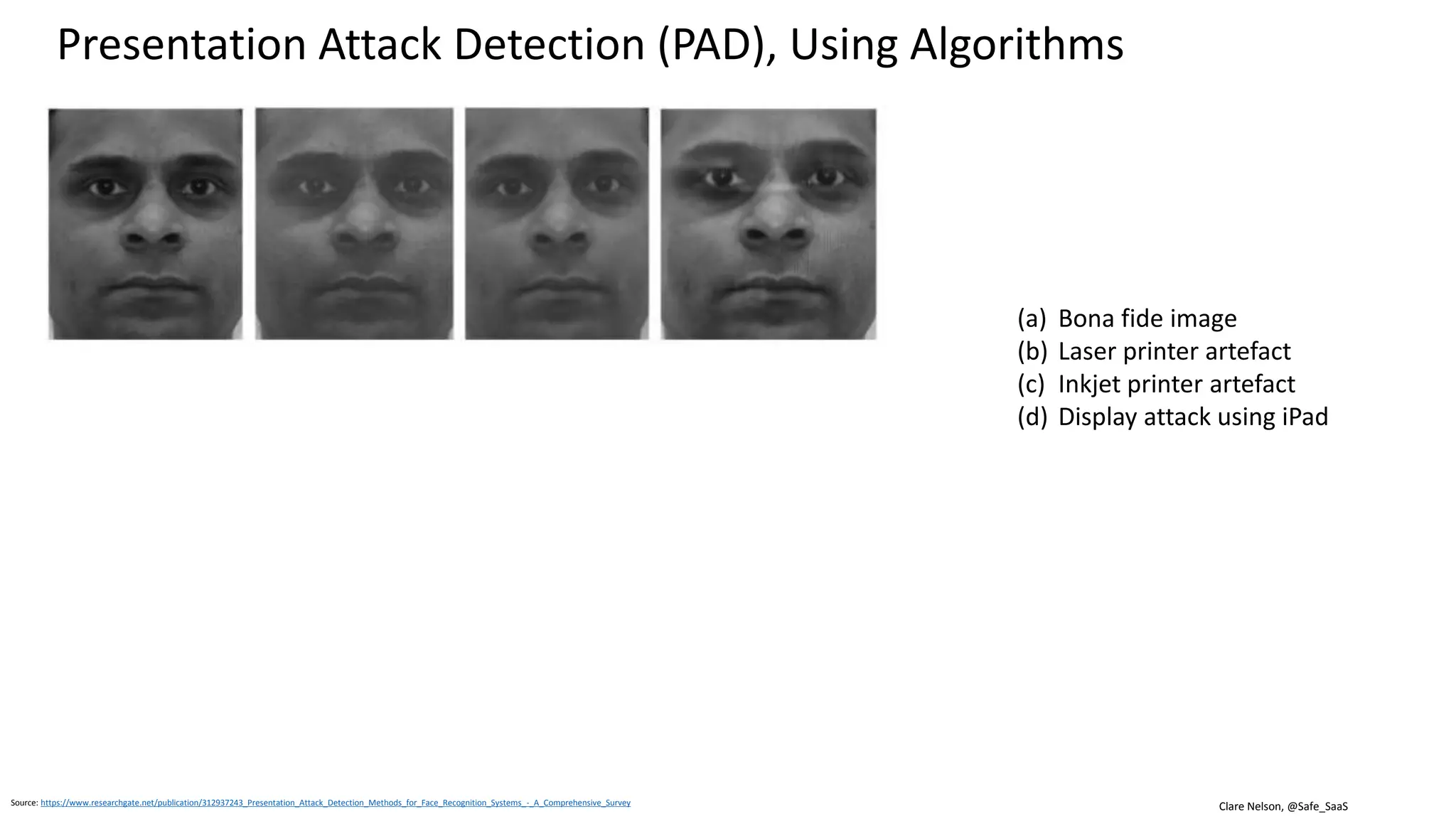 Clare Nelson, @Safe_SaaSSource: https://www.researchgate.net/publication/312937243_Presentation_Attack_Detection_Methods_for_Face_Recognition_Systems_-_A_Comprehensive_Survey
Presentation Attack Detection (PAD), Using Algorithms
(a) Bona fide image
(b) Laser printer artefact
(c) Inkjet printer artefact
(d) Display attack using iPad
Using Local Binary Patterns (LBP) as PAD
 