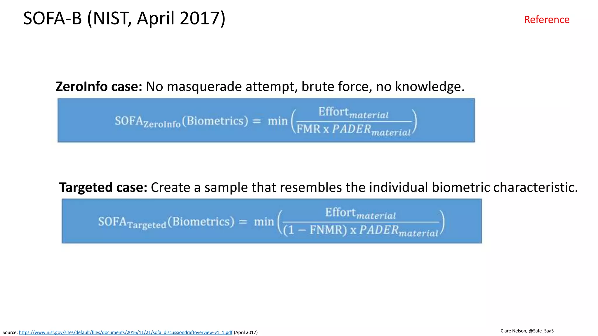 Clare Nelson, @Safe_SaaS
Source: https://pages.nist.gov/SOFA/
Source: http://www.theverge.com/2016/7/21/12247370/police-fingerprint-3D-printing-unlock-phone-murder (2016)
Presentation attacks
based on:
• Time
• Expertise
• Equipment
Level of Effort
Police 3D-printed a murder
victim's finger to unlock his
phone.
 