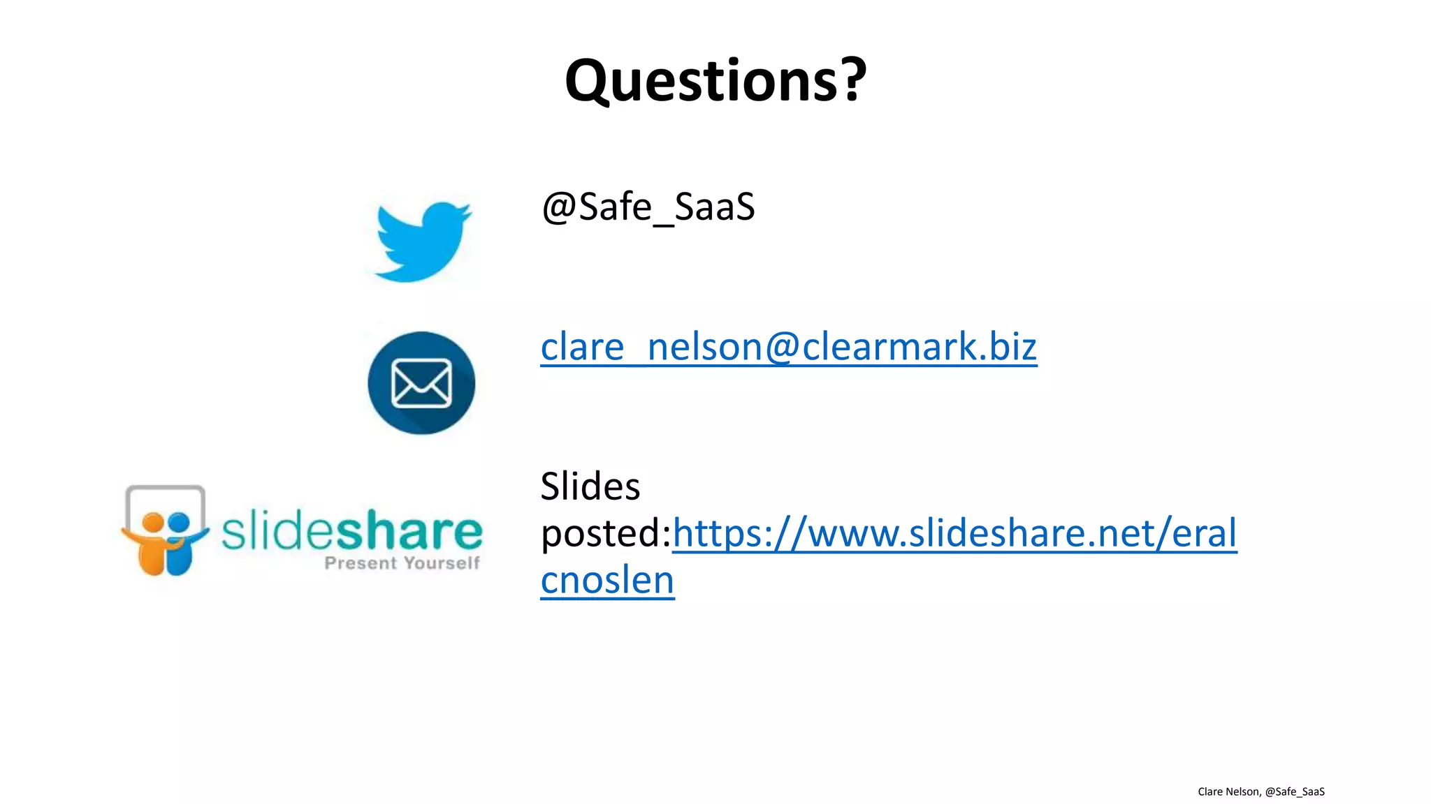 Clare Nelson, @Safe_SaaS
Key Points Summary
• In Multi-Factor Authentication (MFA), biometrics are a RESTRICTED factor
• Biometric systems have error rates, FAR, FRR; they are probabilistic
• Biometrics are not secrets
• NIST SP 800-63B, Authentication and Lifecycle Management, Allowable use of
Biometrics (new from June 2017)
• Biometrics may be used to
• Unlock multi-factor authenticators
• Prevent repudiation of enrollment
• Biometrics SHALL be used only as part of multi-factor authentication
with a physical authenticator (something you have).
• Biometric comparison can be performed locally device or central server
• NIST: Since the potential for attacks on a larger scale is greater at
central servers, local device comparison is preferred
• The biometric system SHOULD implement Presentation Attack Detection
(PAD)
• Testing of the biometric system SHOULD demonstrate at least 90%
resistance to presentation attacks
• PAD is being considered as a mandatory requirement in the future
• SOFA-B, measure strength of biometric recognition system
• ISO/IEC 30107 Presentation Attack Detection (PAD) guidelines
• Part 4 coming: Biometric presentation attack detection – Profile for
evaluation of mobile devices
• United States biometrics laws vary by state, only in IL
and TX, more coming
• Require written consent from consumers
• GDPR
• Prohibits processing of biometrics
• Many exceptions: consumer gives consent, is an
employee, or done for Reasons of substantial
public interest
• Mobile biometrics consumer market growth: 41%
CAGR 2016-2022, reaching $50B in 2022
• Future solutions, for some use cases:
• Combine multimodal, behavioral biometrics
with machine learning (if applicable, use
continuous authentication)
• Machine learning offers the potential to
authenticate users based on multiple
assessments, including
• Behavior
• Appearance
• Voice
• Speed at which they type
• Verify device, not pwned, same device
• A user’s device can constantly calculate a
trust score that the user is who they claim
to be
Reference
 