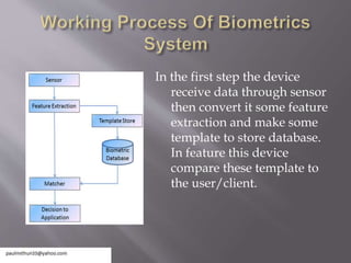 In the first step the device
receive data through sensor
then convert it some feature
extraction and make some
template to store database.
In feature this device
compare these template to
the user/client.
 