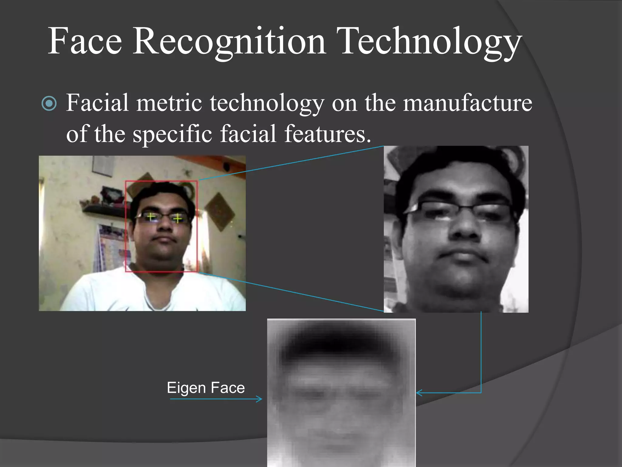 Face Recognition Technology
   Facial metric technology on the manufacture
    of the specific facial features.




             Eigen Face
 