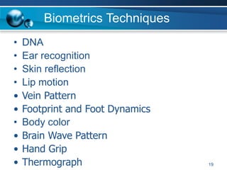 Biometrics Techniques
• DNA
• Ear recognition
• Skin reflection
• Lip motion
• Vein Pattern
• Footprint and Foot Dynamics
• Body color
• Brain Wave Pattern
• Hand Grip
• Thermograph 19
 