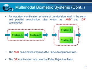 47
Multimodal Biometric Systems (Cont..)
• An important combination scheme at the decision level is the serial
and parallel combination, also known as “AND” and “OR”
combination.
• The AND combination improves the False Acceptance Ratio.
• The OR combination improves the False Rejection Ratio.
System 1 System 2
System 1
System 2
 