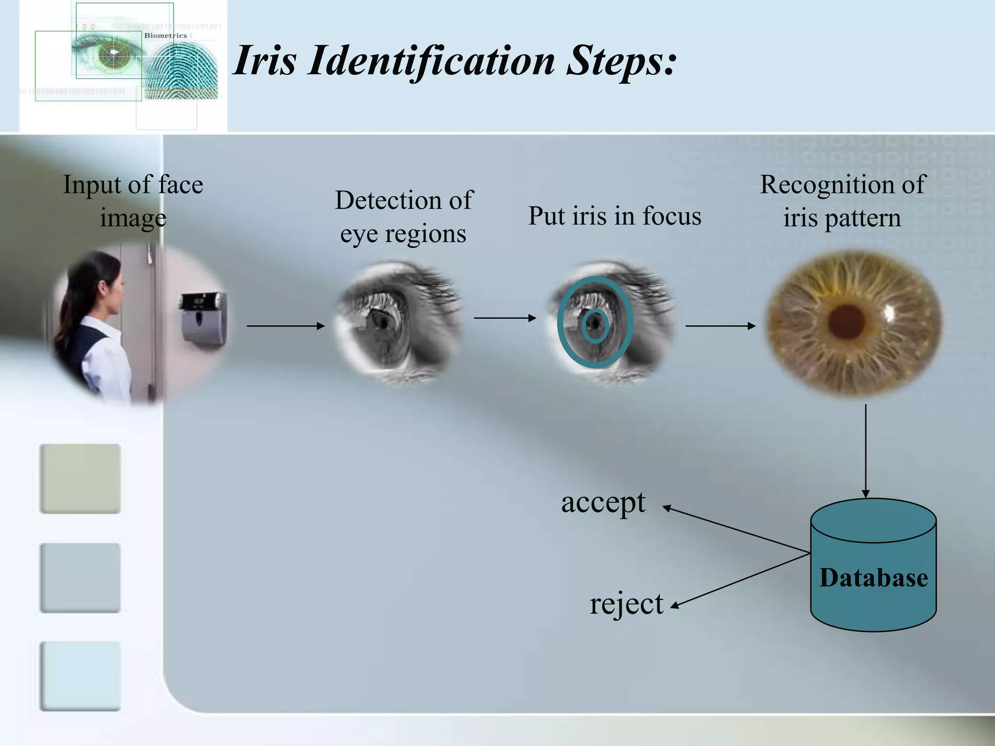 Iris Identification Steps:
Input of face
image

Detection of
eye regions

Put iris in focus

Recognition of
iris pattern

accept
reject

Database

 